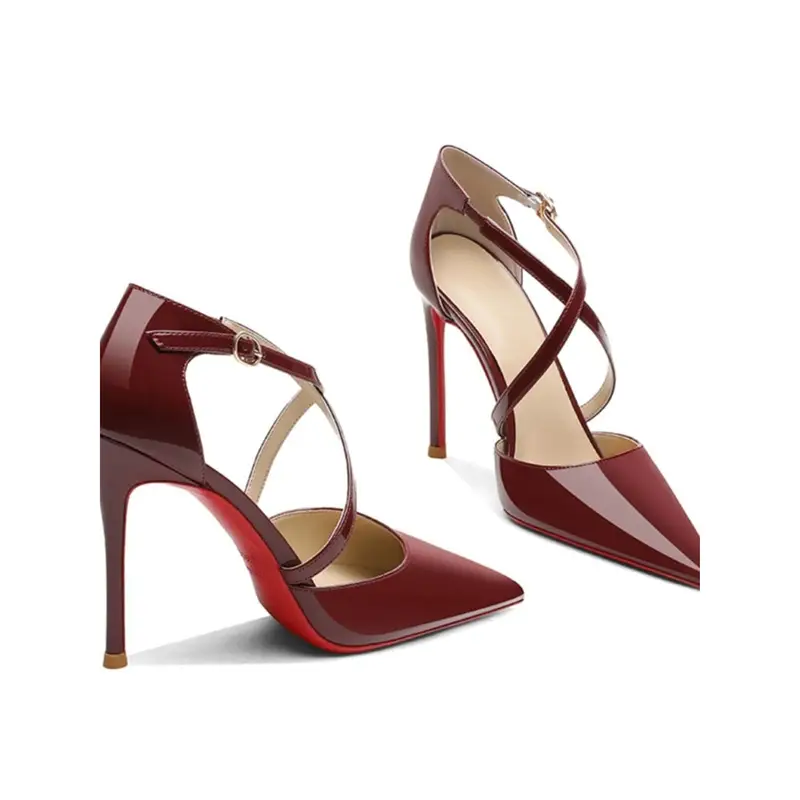 Cross-Strap High-Heeled Shoes for Women with Thin Heels and Red Soles, New Style for Spring/Summer 2026, Single Strap Buckle, Wine Red Closed-Toe Sandals - Image 4