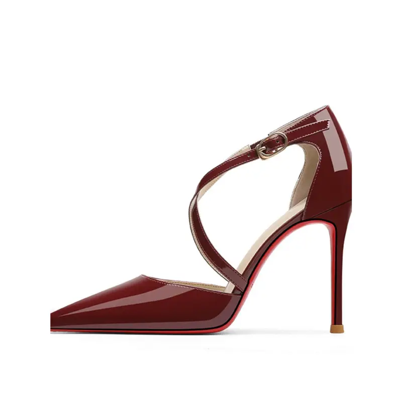 Cross-Strap High-Heeled Shoes for Women with Thin Heels and Red Soles, New Style for Spring/Summer 2026, Single Strap Buckle, Wine Red Closed-Toe Sandals - Image 5