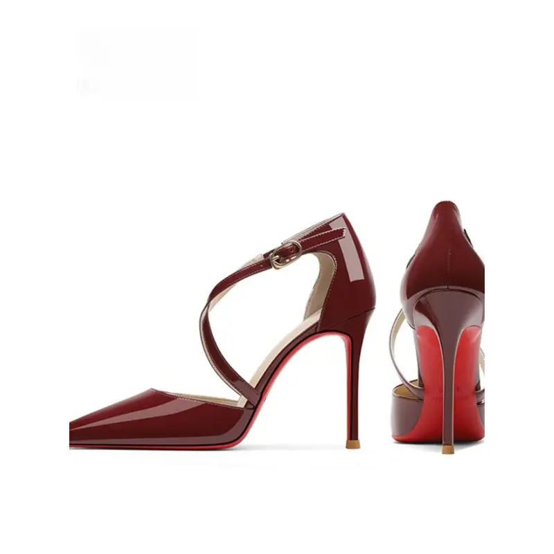 Cross-Strap High-Heeled Shoes for Women with Thin Heels and Red Soles, New Style for Spring/Summer 2026, Single Strap Buckle, Wine Red Closed-Toe Sandals - Image 6