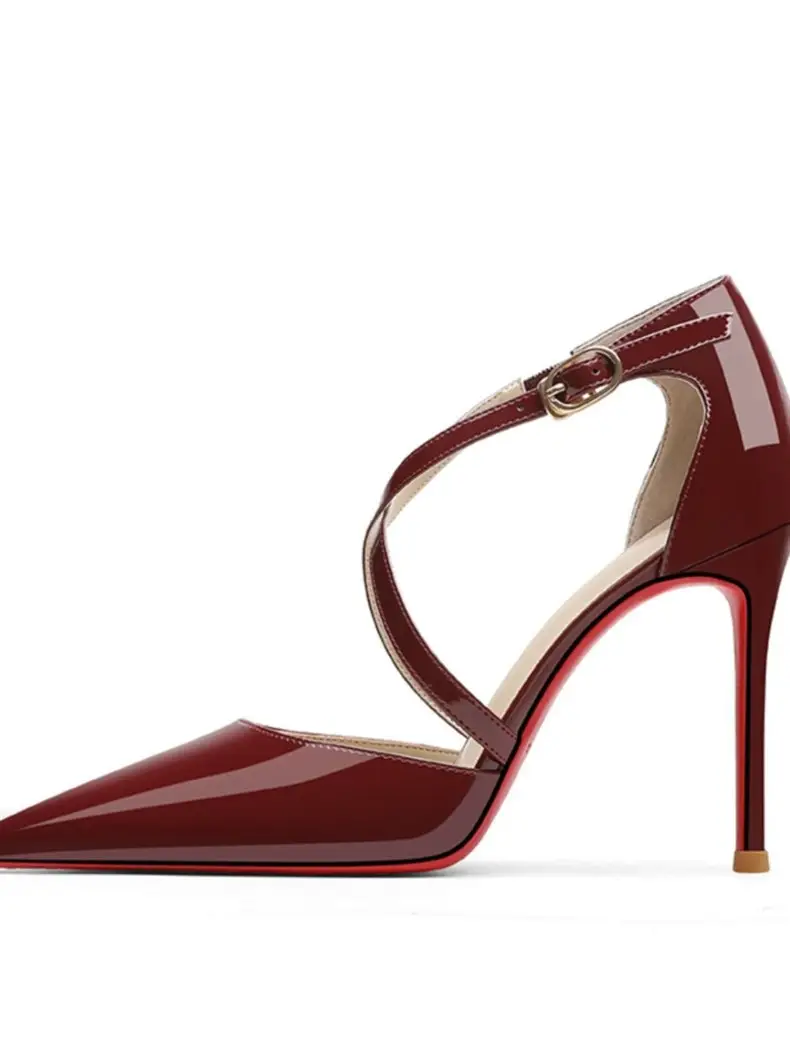 Cross-Strap High-Heeled Shoes for Women with Thin Heels and Red Soles, New Style for Spring/Summer 2026, Single Strap Buckle, Wine Red Closed-Toe Sandals — feature 2