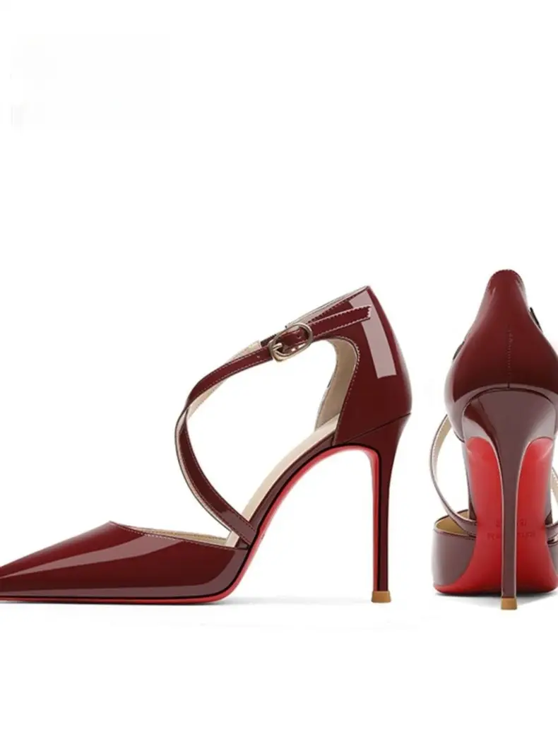 Cross-Strap High-Heeled Shoes for Women with Thin Heels and Red Soles, New Style for Spring/Summer 2026, Single Strap Buckle, Wine Red Closed-Toe Sandals — feature 3