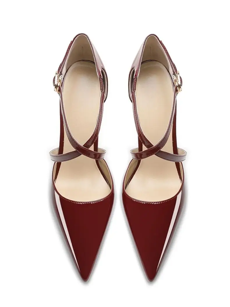 Cross-Strap High-Heeled Shoes for Women with Thin Heels and Red Soles, New Style for Spring/Summer 2026, Single Strap Buckle, Wine Red Closed-Toe Sandals — feature 4