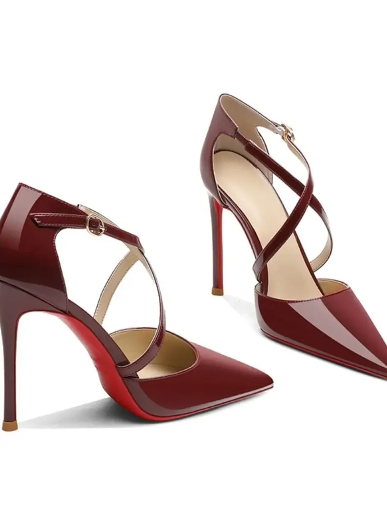 Cross-Strap High-Heeled Shoes for Women with Thin Heels and Red Soles, New Style for Spring/Summer 2026, Single Strap Buckle, Wine Red Closed-Toe Sandals — feature 5