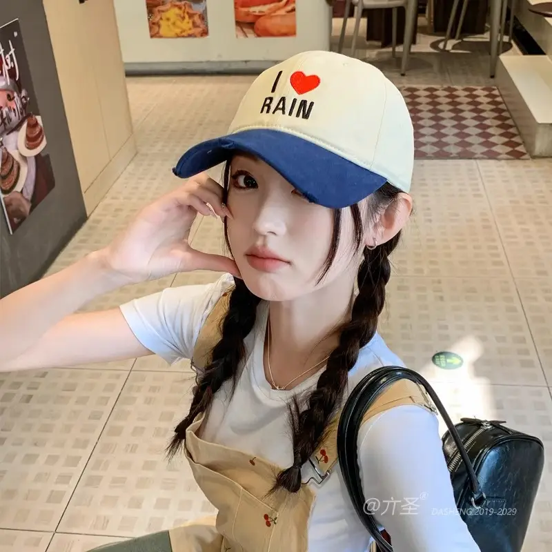I Love Rain Red Heart Cap Women Blue Neckband