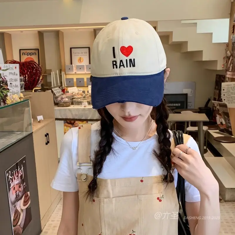 I Love Rain Red Heart Cap Women Blue Neckband