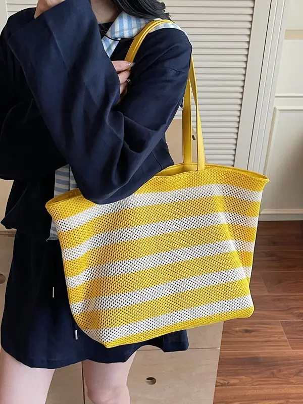 Women Yellow Striped Canvas Tote Bag - Image 4