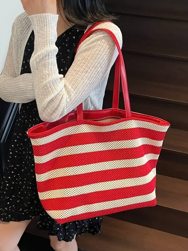 Women Yellow Striped Canvas Tote Bag - Image 5