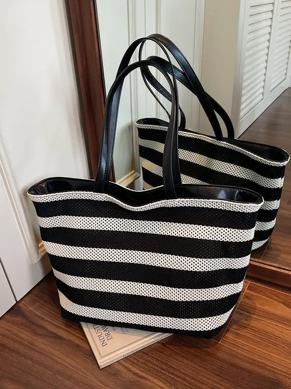 Women Yellow Striped Canvas Tote Bag - Image 6