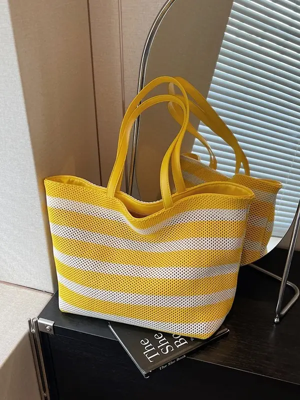 Women Yellow Striped Canvas Tote Bag - Image 7