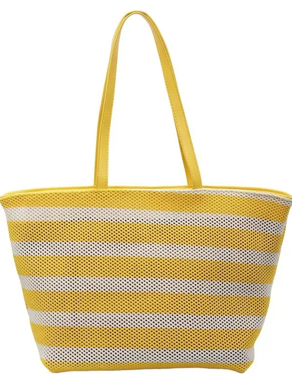 Women Yellow Striped Canvas Tote Bag - Image 8