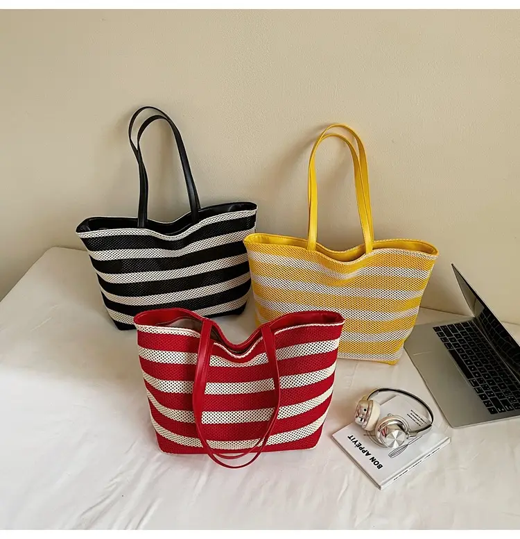 Women Yellow Striped Canvas Tote Bag — feature 1