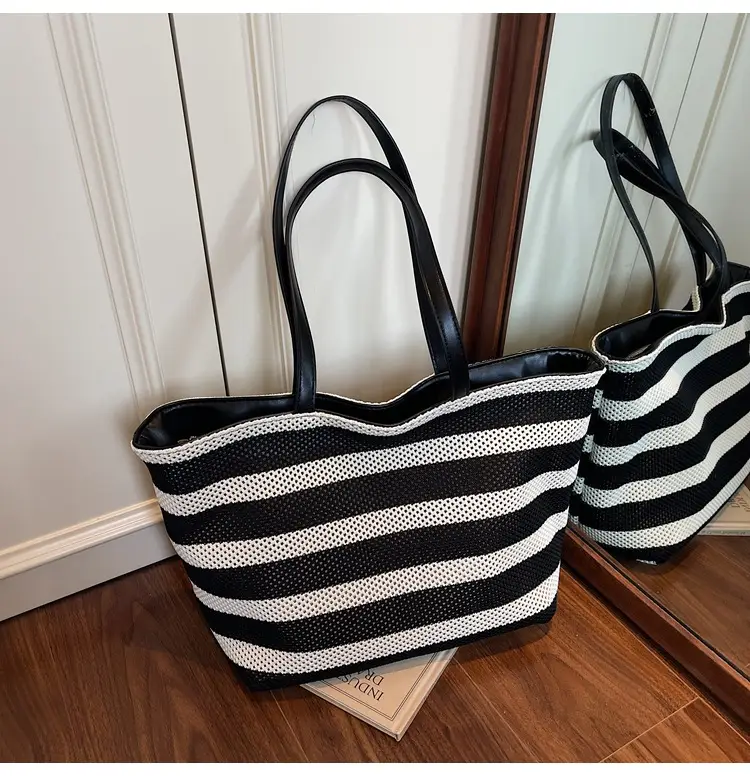 Women Yellow Striped Canvas Tote Bag — feature 10