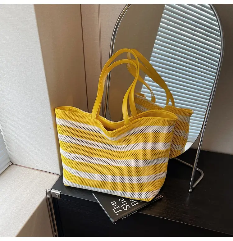 Women Yellow Striped Canvas Tote Bag — feature 11