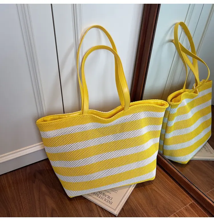 Women Yellow Striped Canvas Tote Bag — feature 12