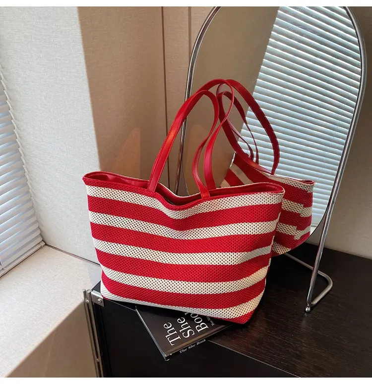Women Yellow Striped Canvas Tote Bag — feature 13