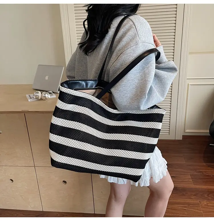 Women Yellow Striped Canvas Tote Bag — feature 16