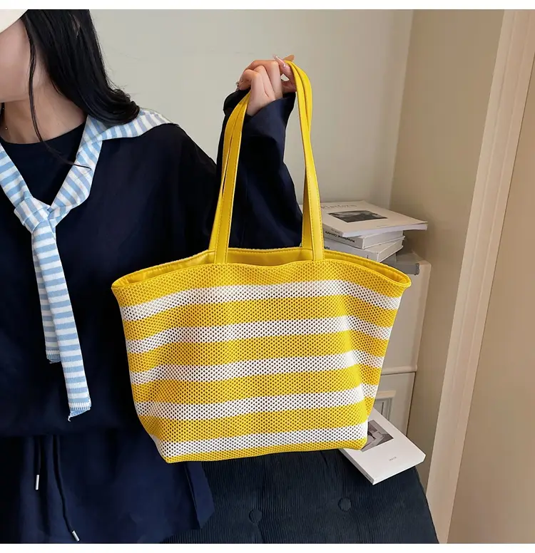 Women Yellow Striped Canvas Tote Bag — feature 17