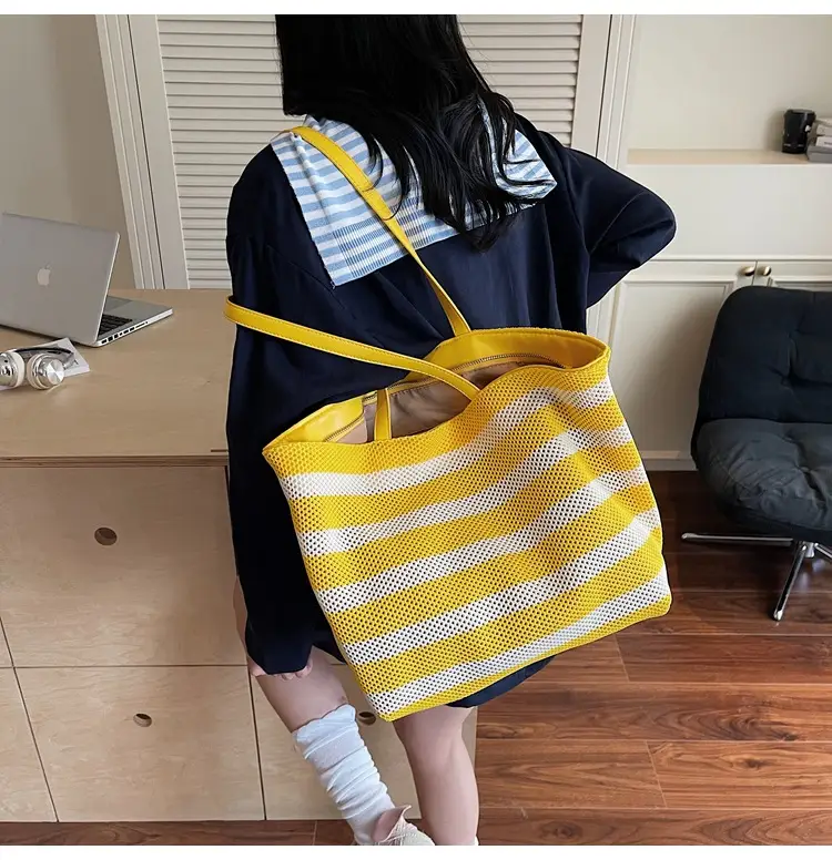 Women Yellow Striped Canvas Tote Bag — feature 18
