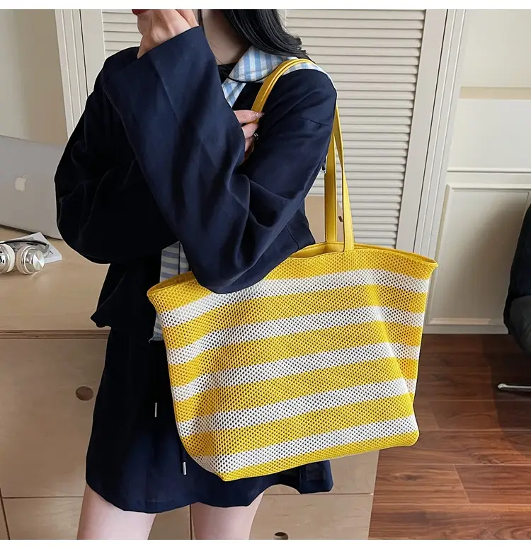 Women Yellow Striped Canvas Tote Bag — feature 19