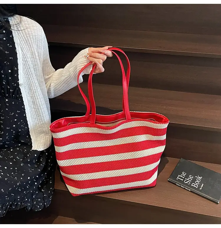 Women Yellow Striped Canvas Tote Bag — feature 21