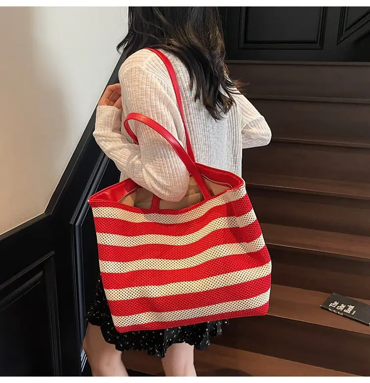 Women Yellow Striped Canvas Tote Bag — feature 22