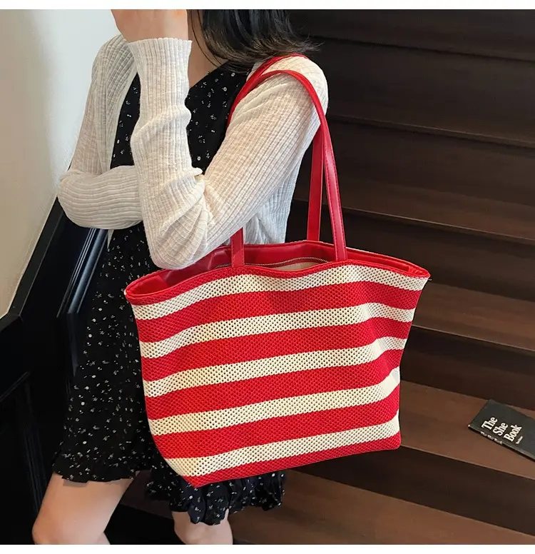 Women Yellow Striped Canvas Tote Bag — feature 23