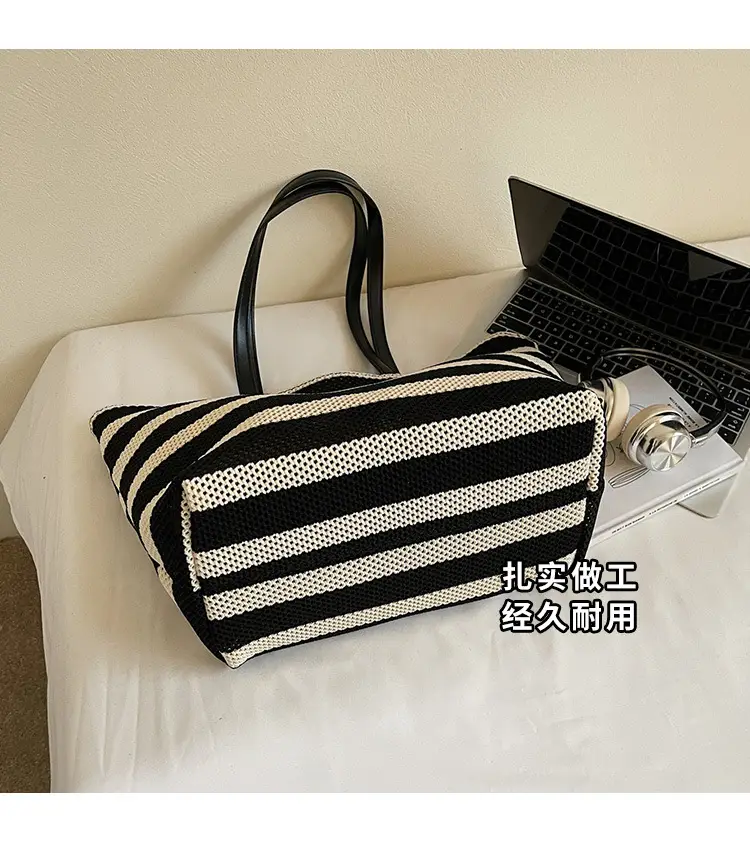 Women Yellow Striped Canvas Tote Bag — feature 6