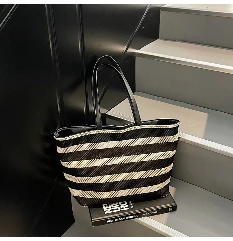 Women Yellow Striped Canvas Tote Bag — feature 9