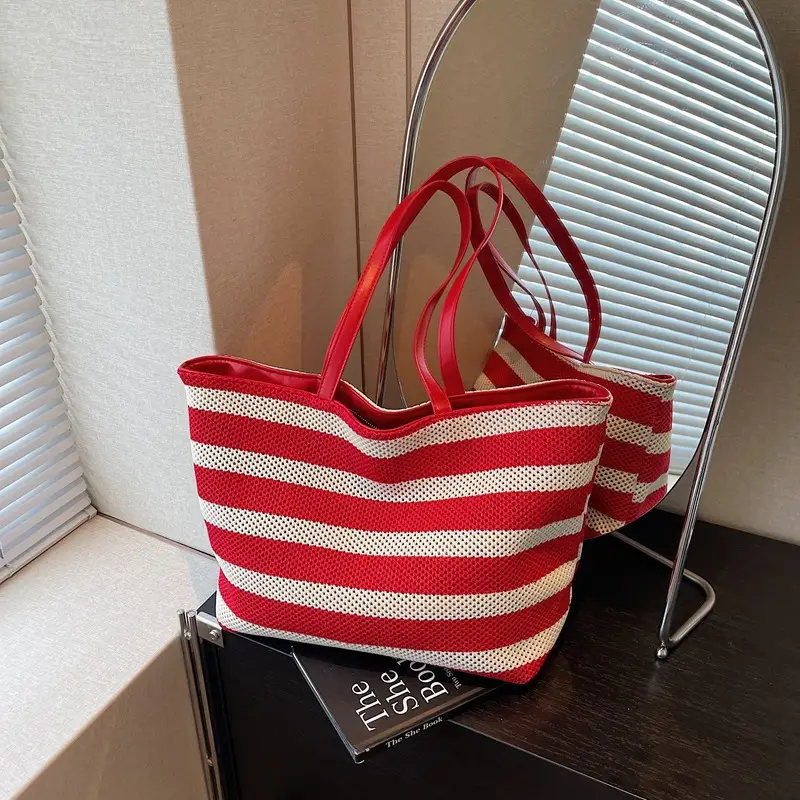 Women Yellow Striped Canvas Tote Bag - Image 2