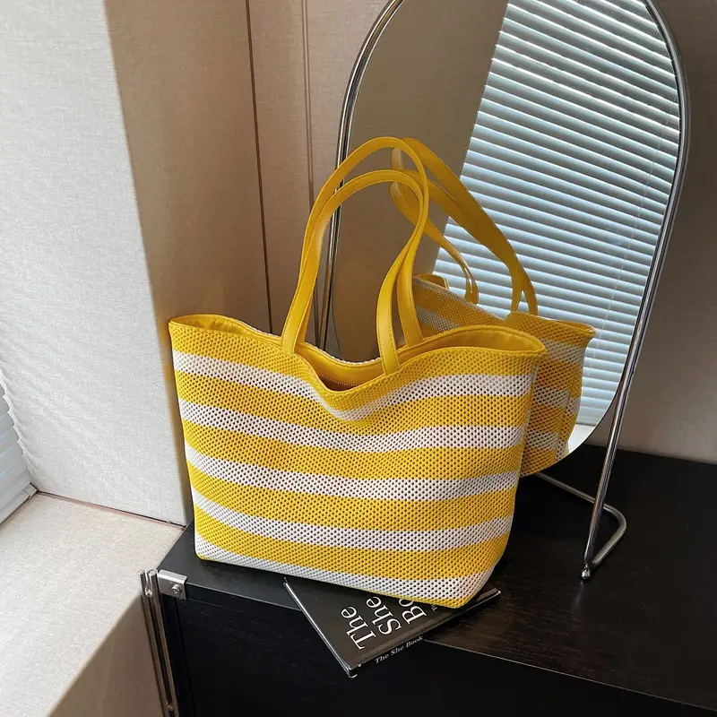 Women Yellow Striped Canvas Tote Bag - Image 3