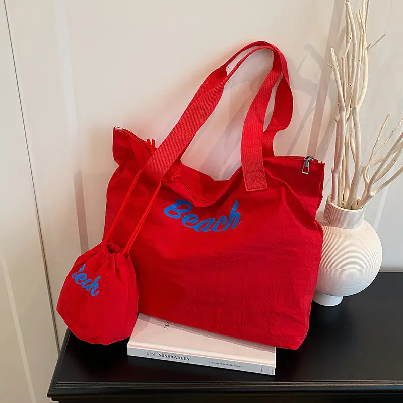 Red Large Capacity Women's Tote Bag with Drawstring Closure — feature 12
