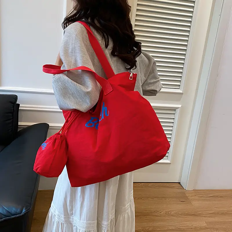 Red Large Capacity Women's Tote Bag with Drawstring Closure — feature 22