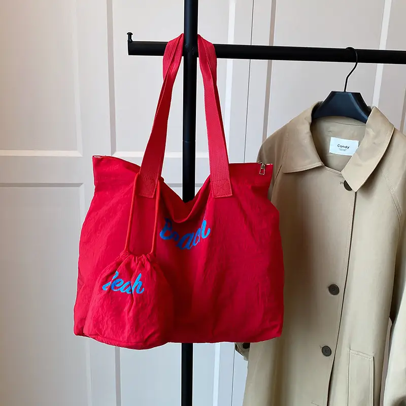 Red Large Capacity Women's Tote Bag with Drawstring Closure - Image 3