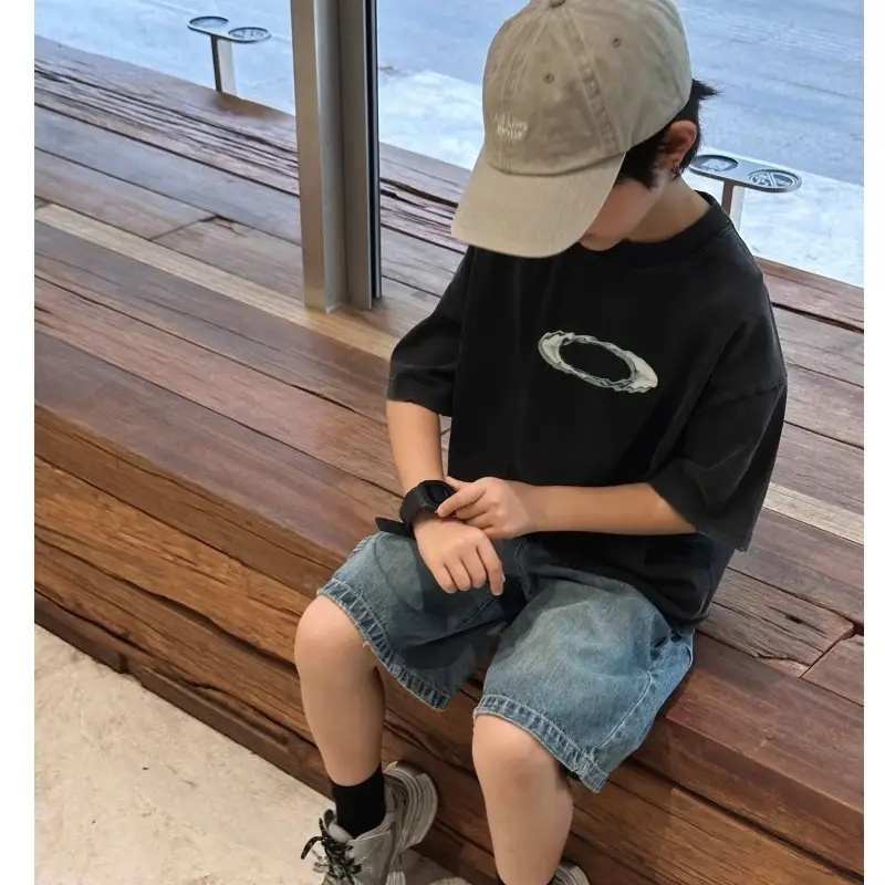 Kids T-Shirt Black Graphic Short Sleeve Cotton Summer