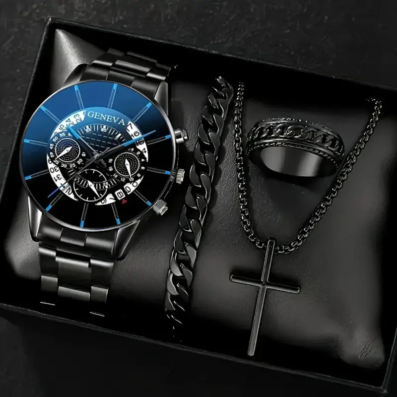 Factory Direct Sales Watch Set Watch Men's High-End Glass Quartz Watch Steel Belt Men's Watch Dropshipping