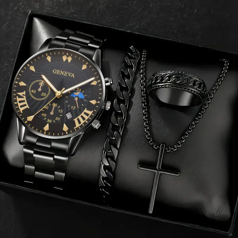 Factory Direct Sales Watch Set Watch Men's High-End Glass Quartz Watch Steel Belt Men's Watch Dropshipping