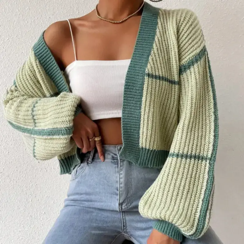 Women Knitted Crossbody Sweater Jacket Pink White - Image 3