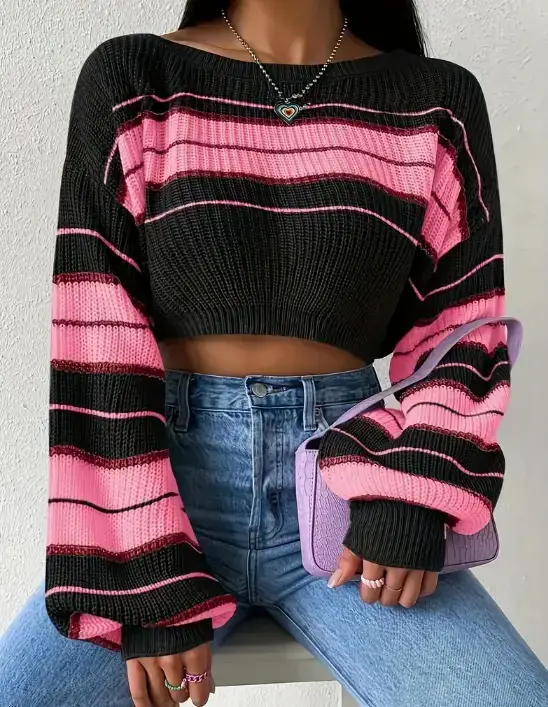 Women Knitted Crossbody Sweater Jacket Pink White - Image 35
