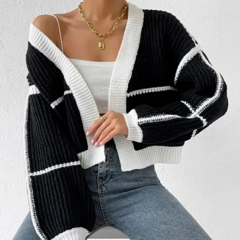 Women Knitted Crossbody Sweater Jacket Pink White - Image 4
