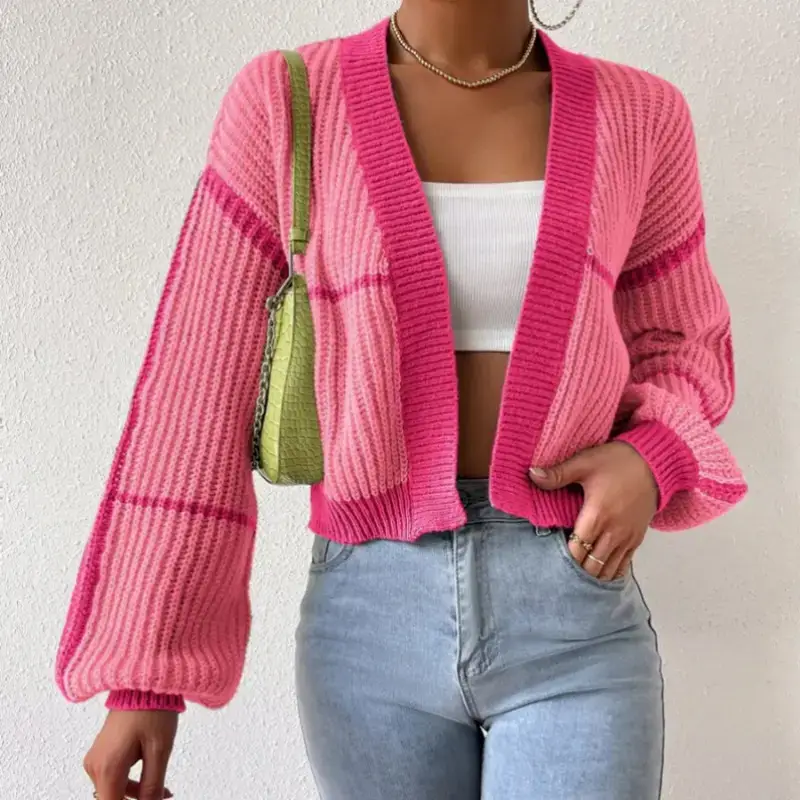 Women Knitted Crossbody Sweater Jacket Pink White - Image 5