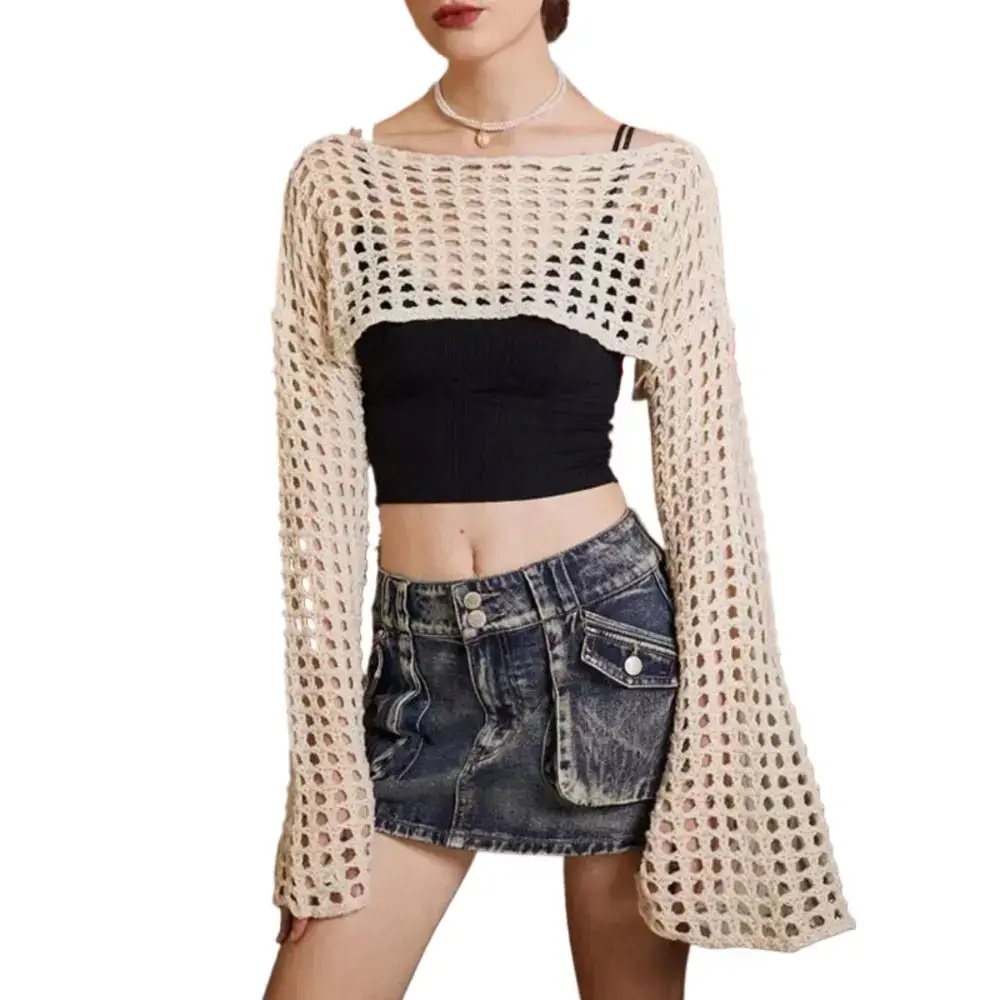 Women Knitted Crossbody Sweater Jacket Pink White - Image 6