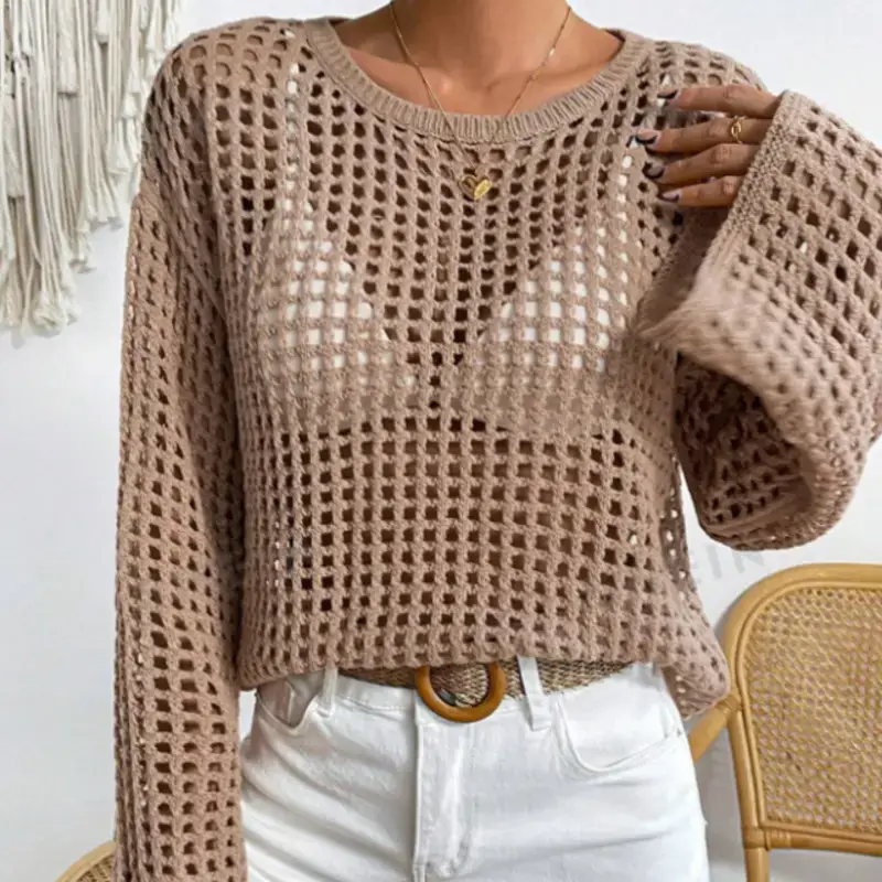 Women Knitted Crossbody Sweater Jacket Pink White - Image 8