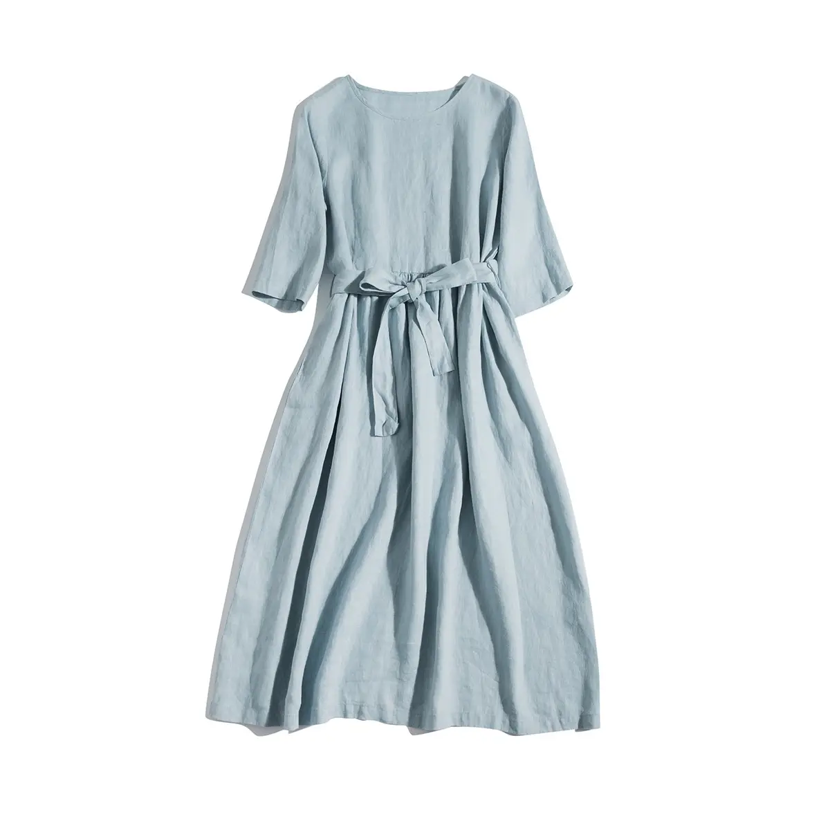 Light Blue Belted Cotton Dress for Women Summer - Image 7
