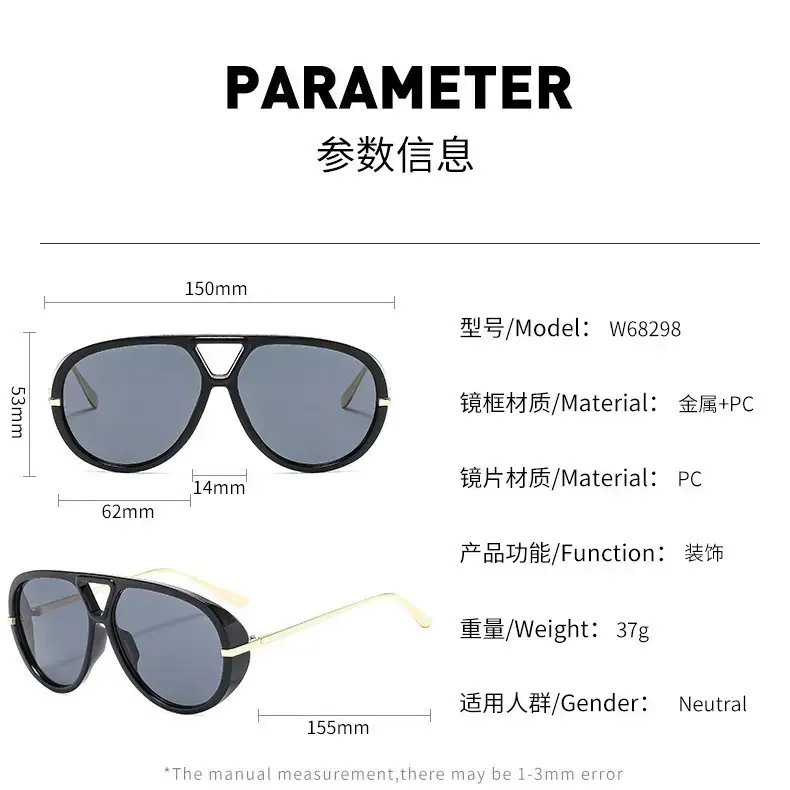 Men Retro Large Frame Sunglasses Black Gold - Image 11