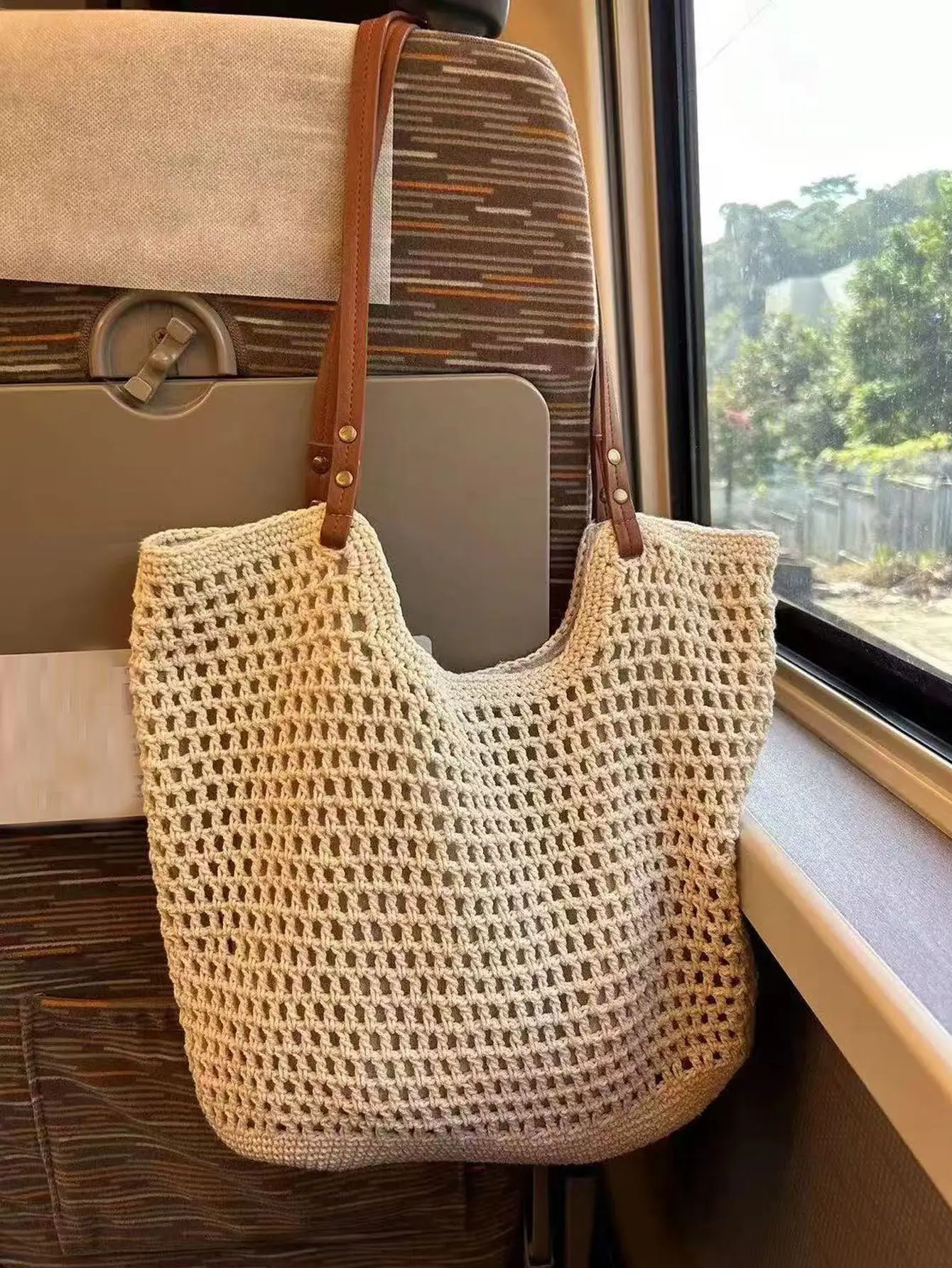 Women's Cotton Woven Tote Bag with Hollow Mesh Design - Image 3