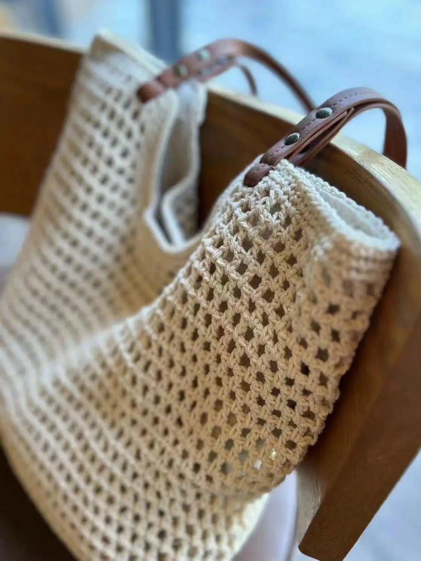Women's Cotton Woven Tote Bag with Hollow Mesh Design - Image 5