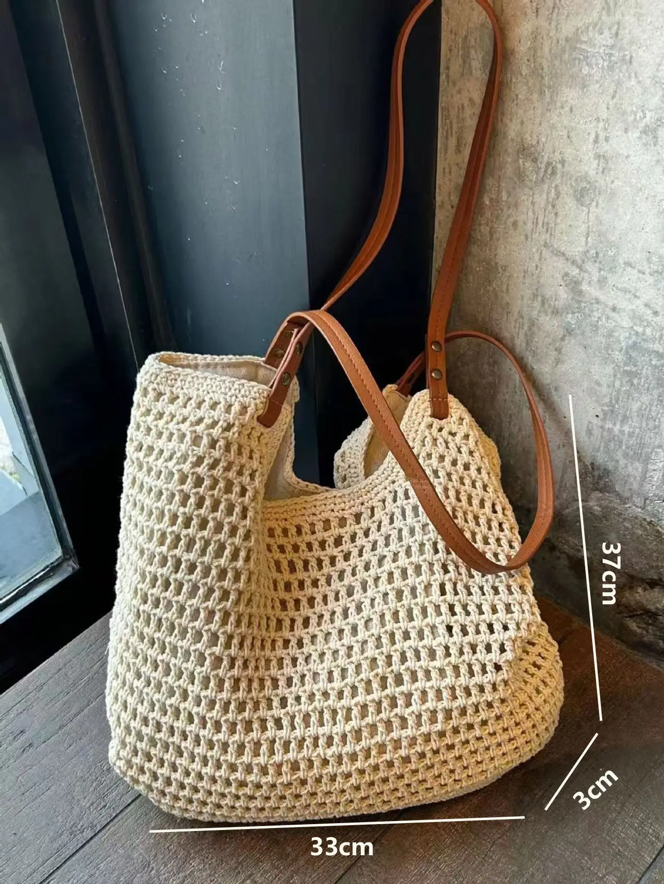 Women's Cotton Woven Tote Bag with Hollow Mesh Design — feature 1