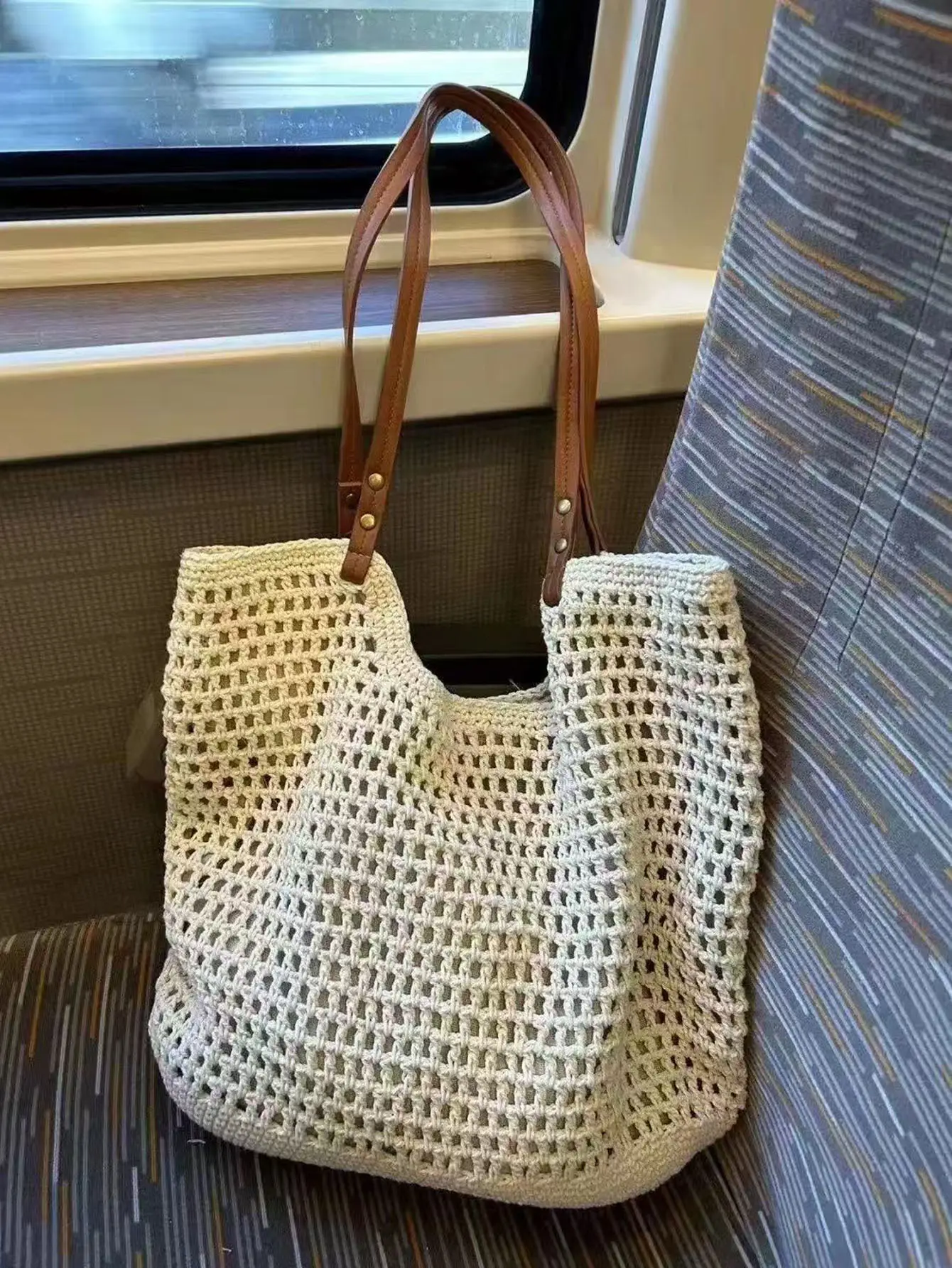 Women's Cotton Woven Tote Bag with Hollow Mesh Design — feature 3