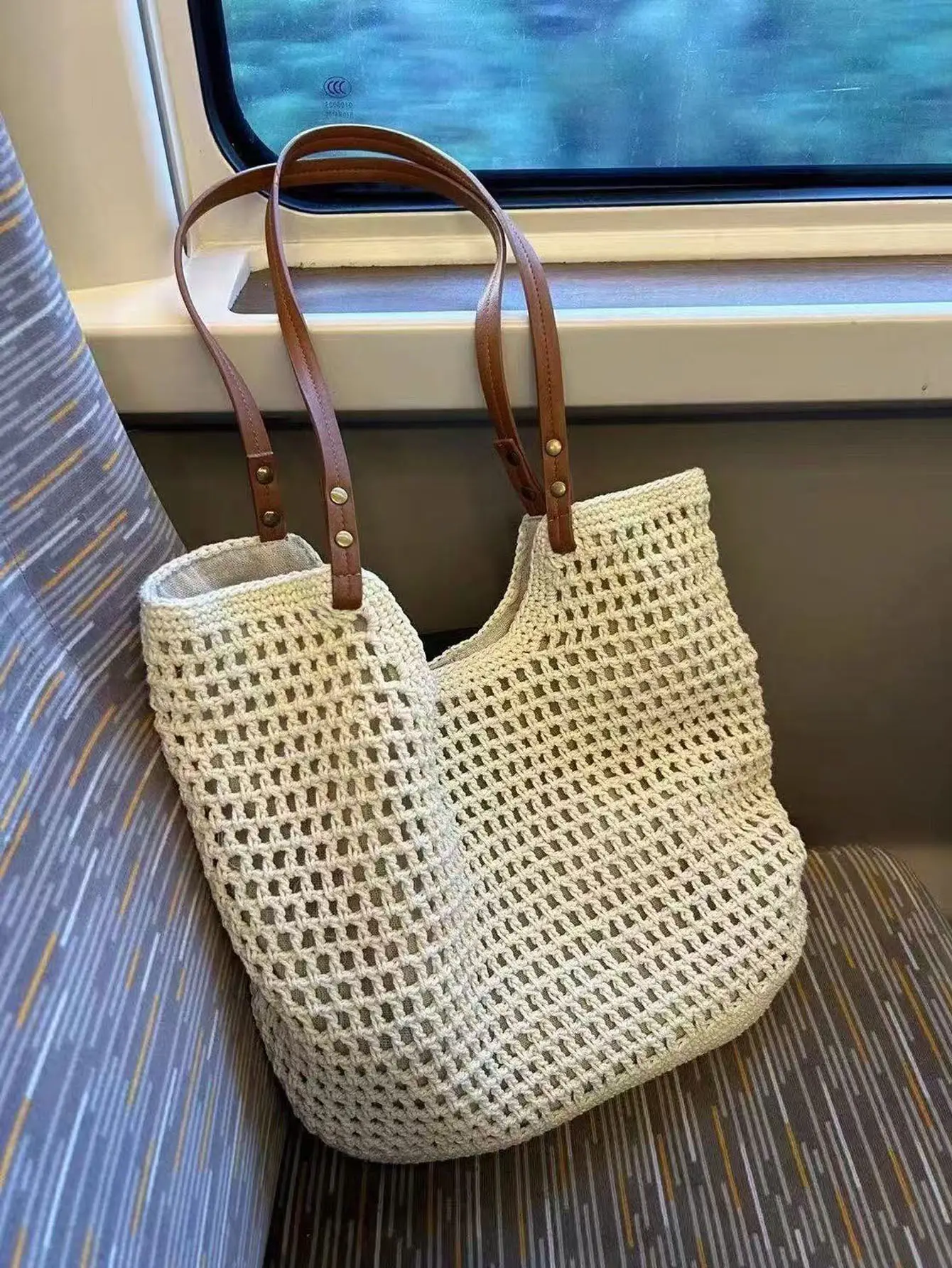 Women's Cotton Woven Tote Bag with Hollow Mesh Design — feature 5