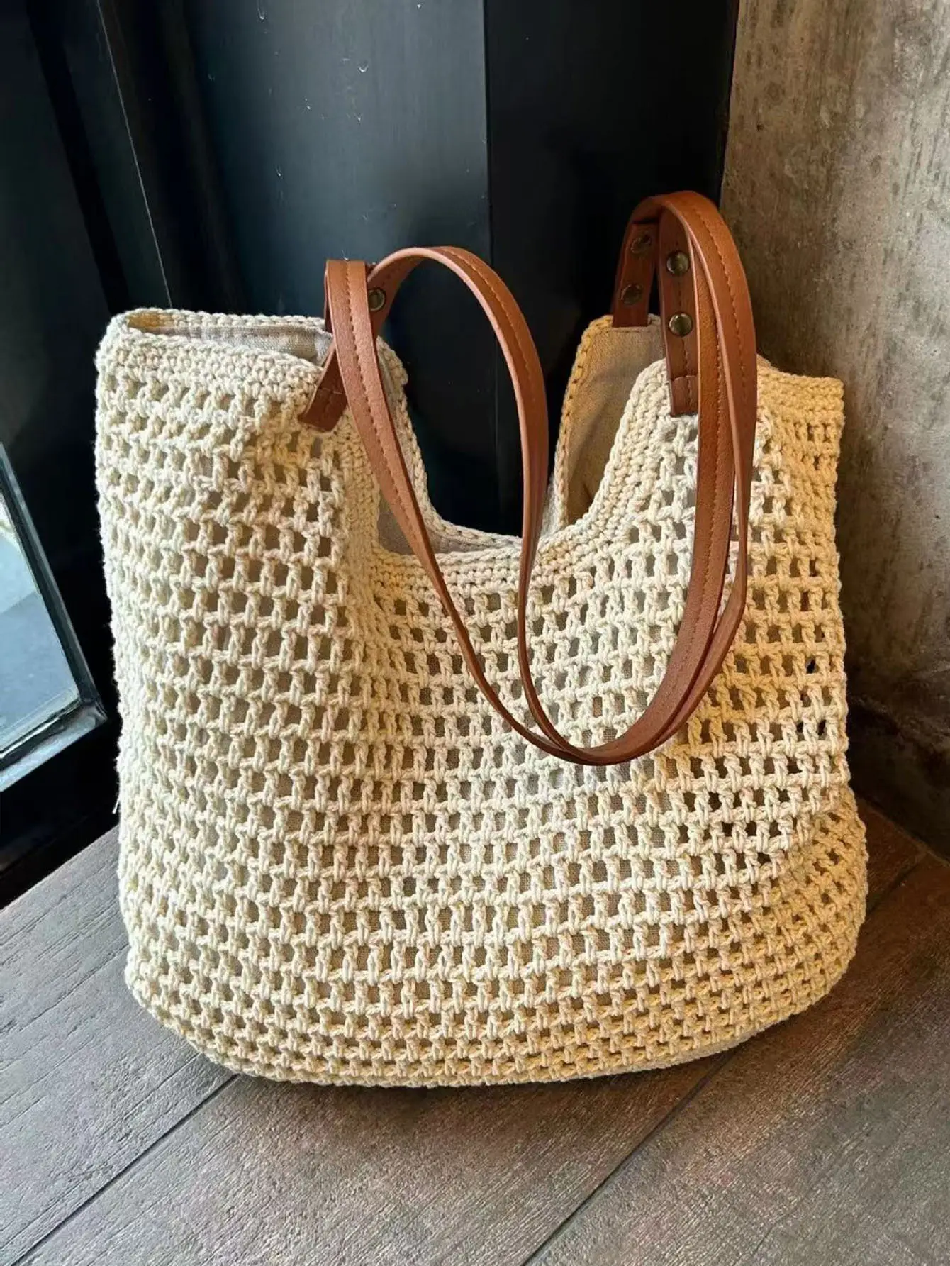 Women's Cotton Woven Tote Bag with Hollow Mesh Design — feature 7